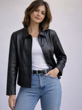 Preston & York Black Leather Button-Front Jacket